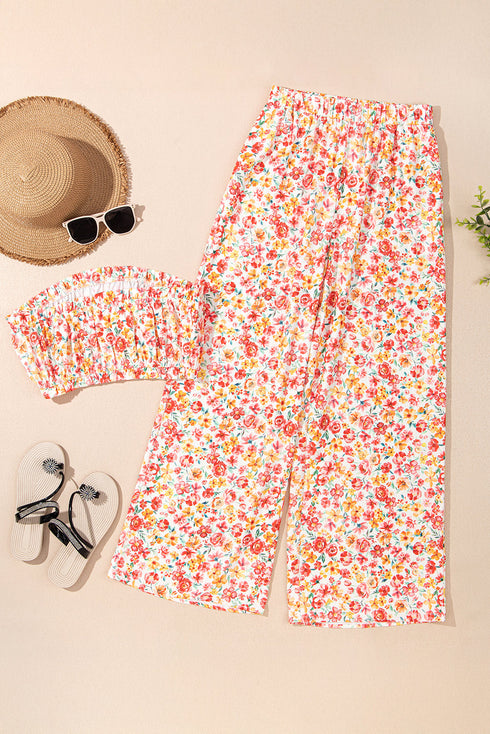 Pink Boho Floral Bandeau Top and High Waist Wide Leg Pants Set